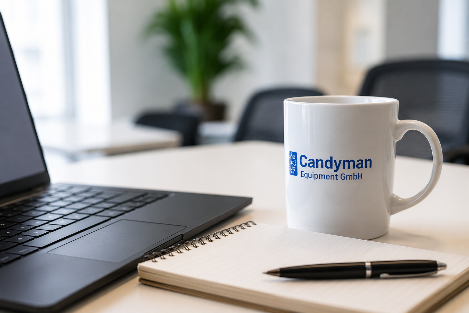 Büroarbeitsplatz bei der Candyman Equipment GmbH in Ladbergen Laptop, Notizbuch und Kaffeebecher auf einem modernen Büroarbeitsplatz